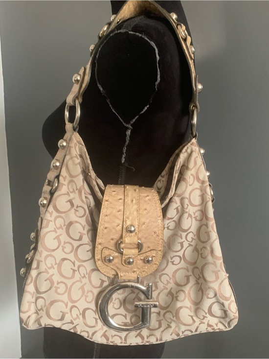 Guess Handbags - Guess Beige Monogram Shoulder Bag with Tan Trim and Silver G Logo